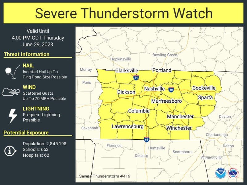 A Severe Thunderstorm Watch has been issued for Middle Tennessee.