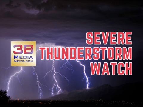 A dramatic lightning storm illuminates the night sky over a mountainous landscape. Bold red and white text reads "SEVERE THUNDERSTORM WATCH" on the right side. On the left side, the 3B Media News logo is displayed with the text "3B Media News.com" in red, blue, and black on a gold and silver gradient background.