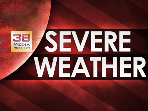 3B Media News Severe Weather graphic with bold white text on a red and black striped background and a radar image overlay in the top left corner.