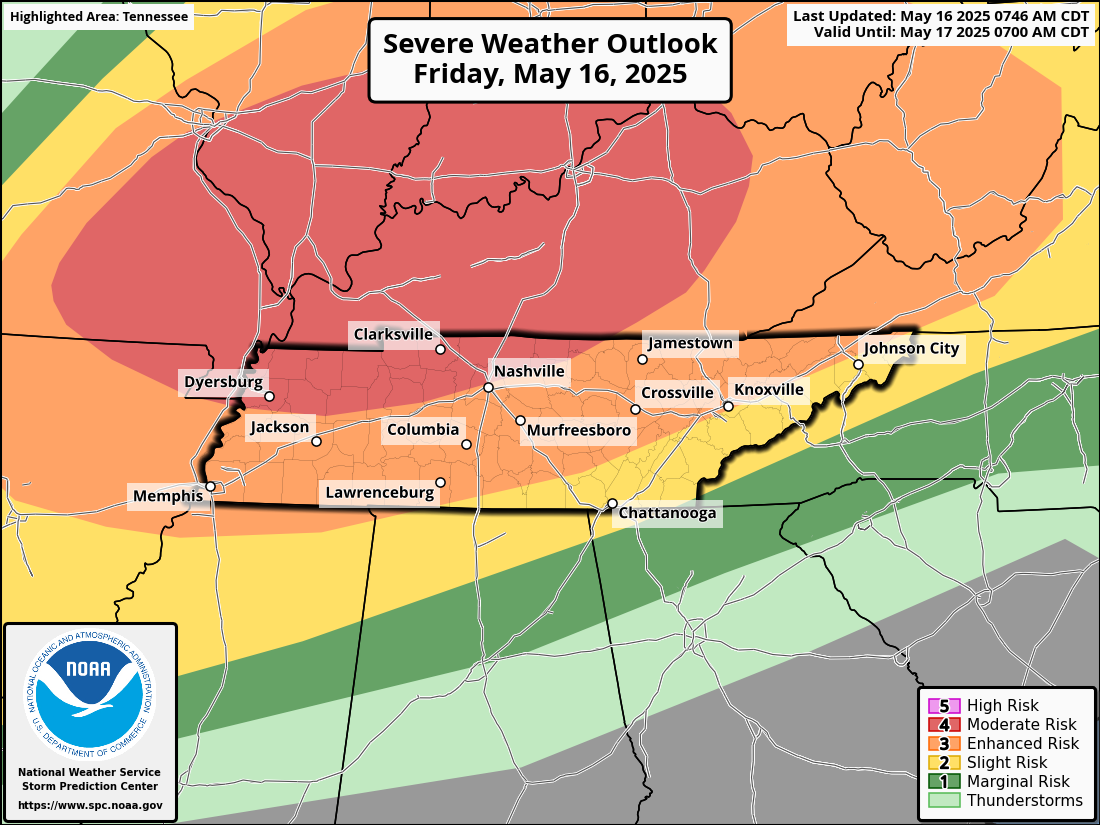 Severe Weather Outlook map for Friday, May 16, 2025, showing risk levels across Tennessee, with Crossville and Knoxville in a Level 2 Slight Risk area and areas to the northwest in an Enhanced (Level 3) or Moderate (Level 4) Risk. Map issued by the NOAA Storm Prediction Center.