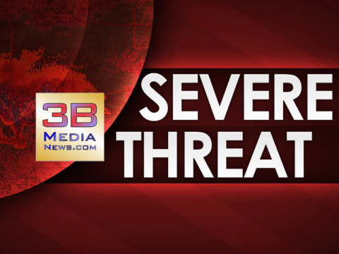 Graphic with bold white text reading "SEVERE THREAT" on a red background with the 3B Media News logo.