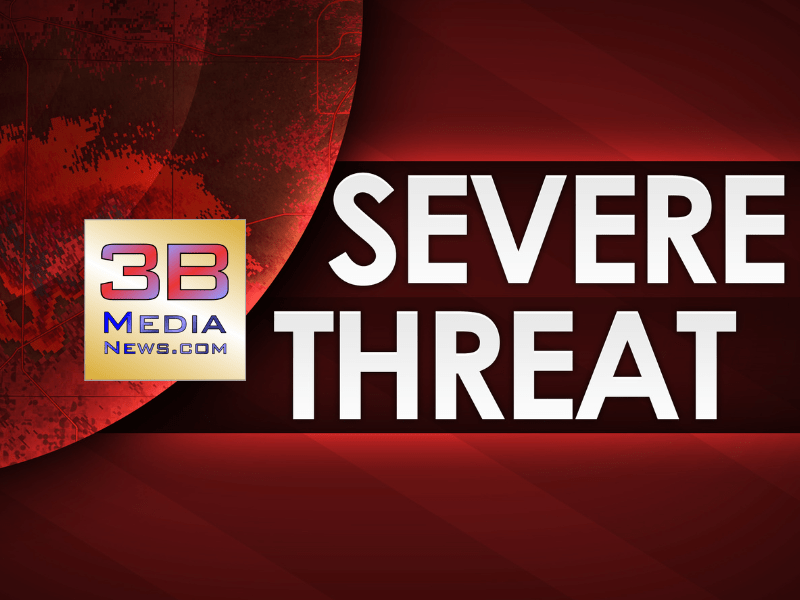 Graphic with bold white text reading "SEVERE THREAT" on a red background with the 3B Media News logo.