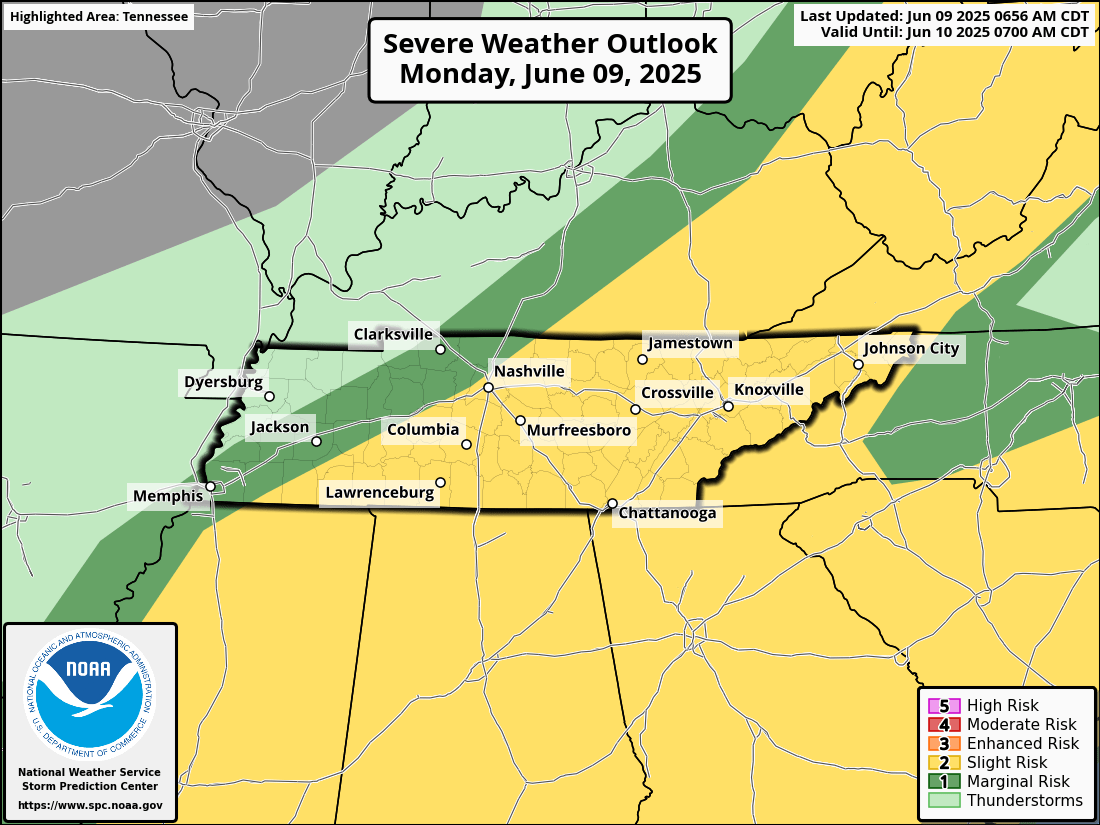 Severe Weather Outlook for Tennessee on Monday, June 9, 2025. Slight Risk covers much of Middle and East Tennessee; Marginal Risk in far western and north-central areas.