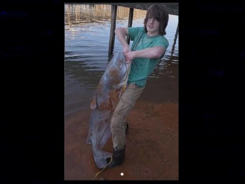Alex Woody with 80-lb. catfish